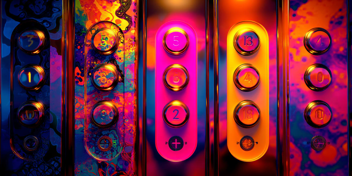 Rows of numbered elevator buttons glowing in distinct magenta, amber and violet panels, in the mystical hyper-surrealist style used across CHITTA articles on the Universal Language of Mind.