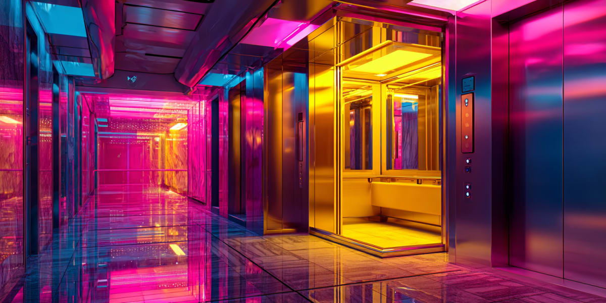 Golden elevator car with open doors in a magenta and cyan corridor, the Universal Language of Mind symbol for moving between inner levels of consciousness