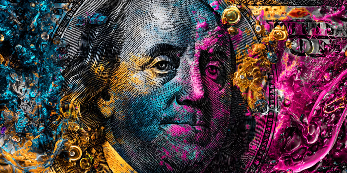 Extreme close-up of a surreal hundred-dollar bill portrait rendered in cyan, gold and magenta, representing self-worth being measured in the Universal Language of Mind