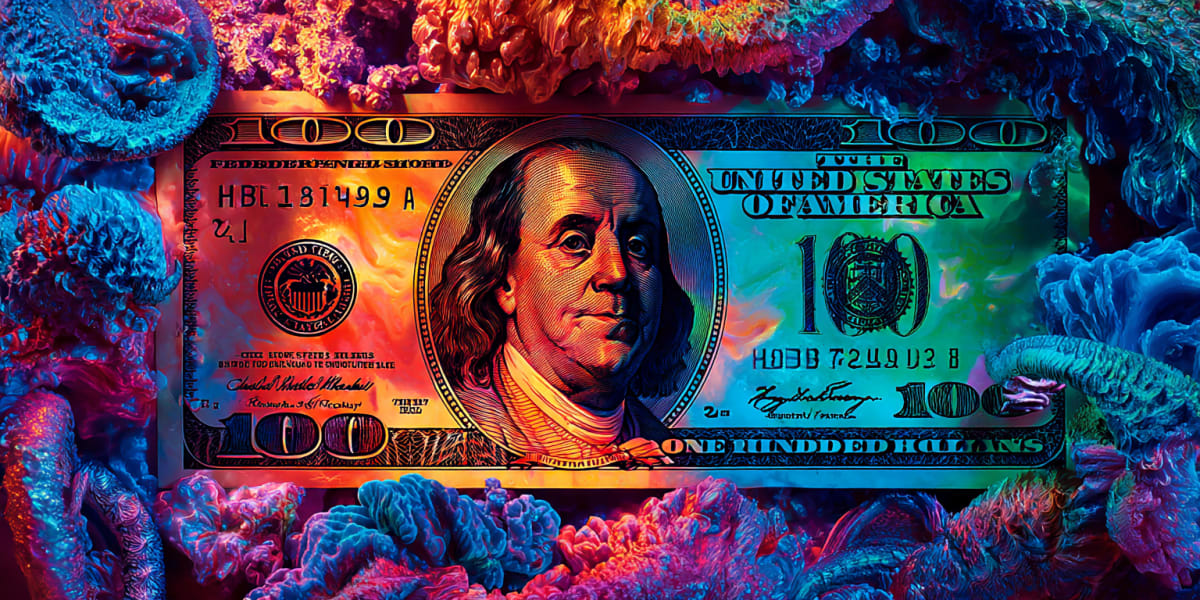 Vivid surreal hundred-dollar bill resting among luminous coral-like growth in cosmic reds and blues, representing self-value surfacing from subconscious mind substance