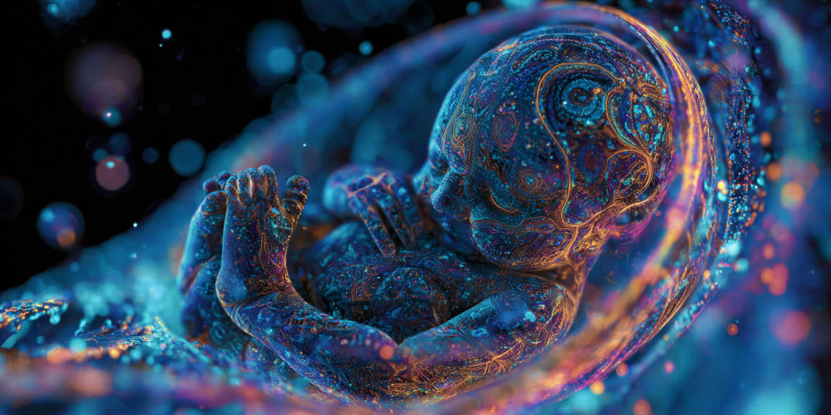 A luminous fetus curled inside a cosmic womb, surrounded by starlight