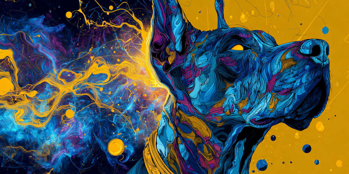 Pintura surrealista vibrante de un dóbermann alerta de perfil sobre pintura cósmica azul cobalto y dorada, que representa un hábito mental volviéndose contra su dueño