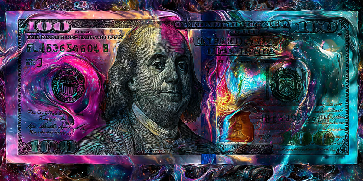 Vivid surreal hundred-dollar bill dissolving into magenta and cyan cosmic paint, representing self-value rendered as currency in the Universal Language of Mind