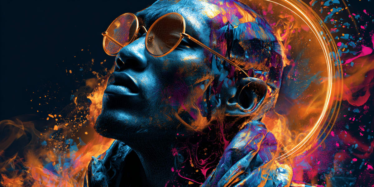 Surreal portrait of a brother's face lit by vibrant fire, wearing sunglasses that reflect the flames - the familiar aspect of the conscious mind