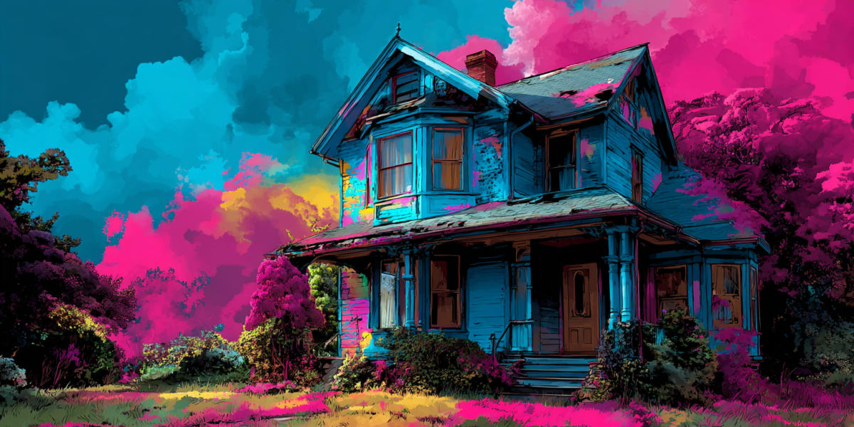 A weathered clapboard house under vivid magenta and cyan clouds - home in dreams meaning