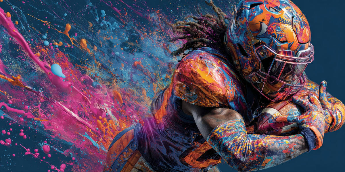 Peinture mystique surréaliste d'un joueur de football américain en pleine course, symbole de l'aspect discipliné et conditionné du soi dans les rêves