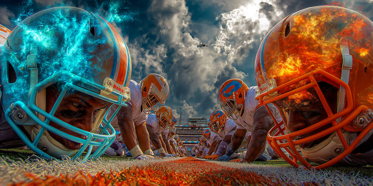 Two football helmets facing each other at the line, one filled with blue water and one with orange fire, under a storm sky