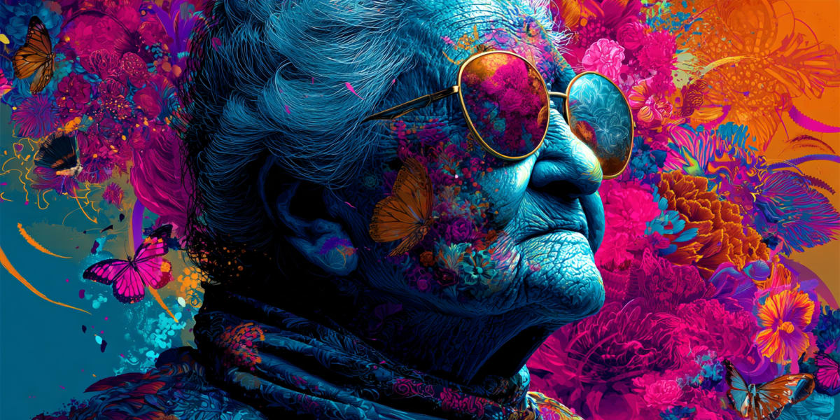 Retrato surrealista místico de una mujer mayor con gafas de sol rodeada de mariposas y flores, que representa a la abuela en los sueños como la cualidad receptiva de la mente superconsciente en el Lenguaje Universal de la Mente