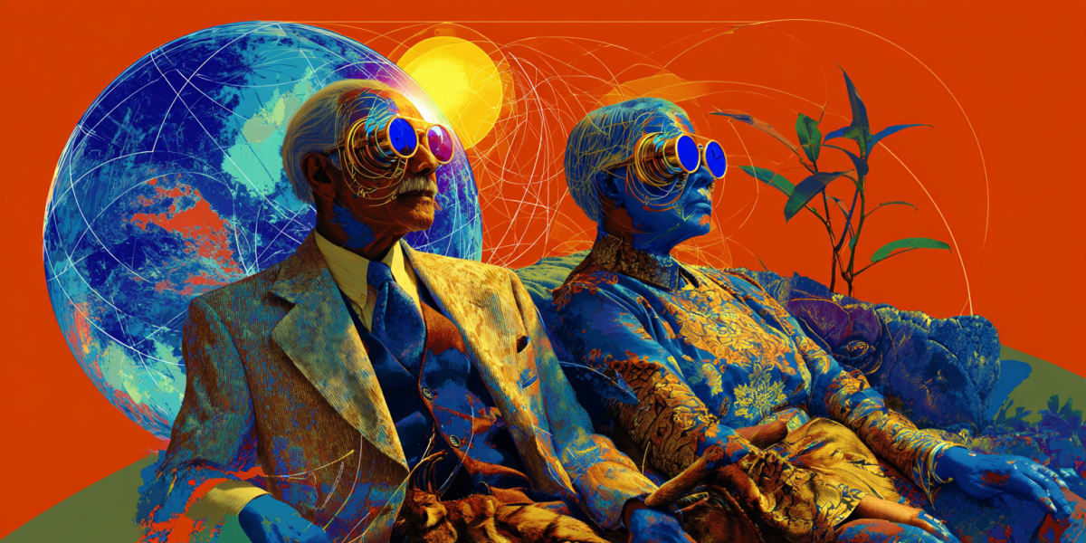 Two elders in golden suits and round goggles seated side by side, looking toward the same horizon under a blue planet