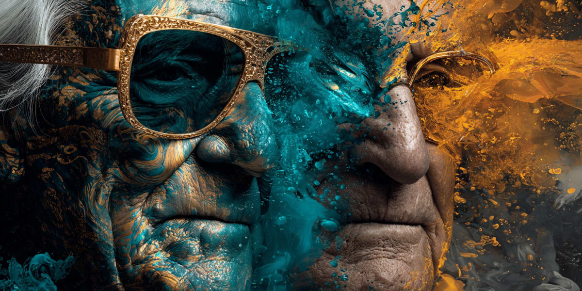 Portrait surréaliste bicolore turquoise et or de deux personnes âgées tournées dans des directions opposées, représentant les qualités réceptive et agressive du mental superconscient dans le Langage Universel de l'Esprit