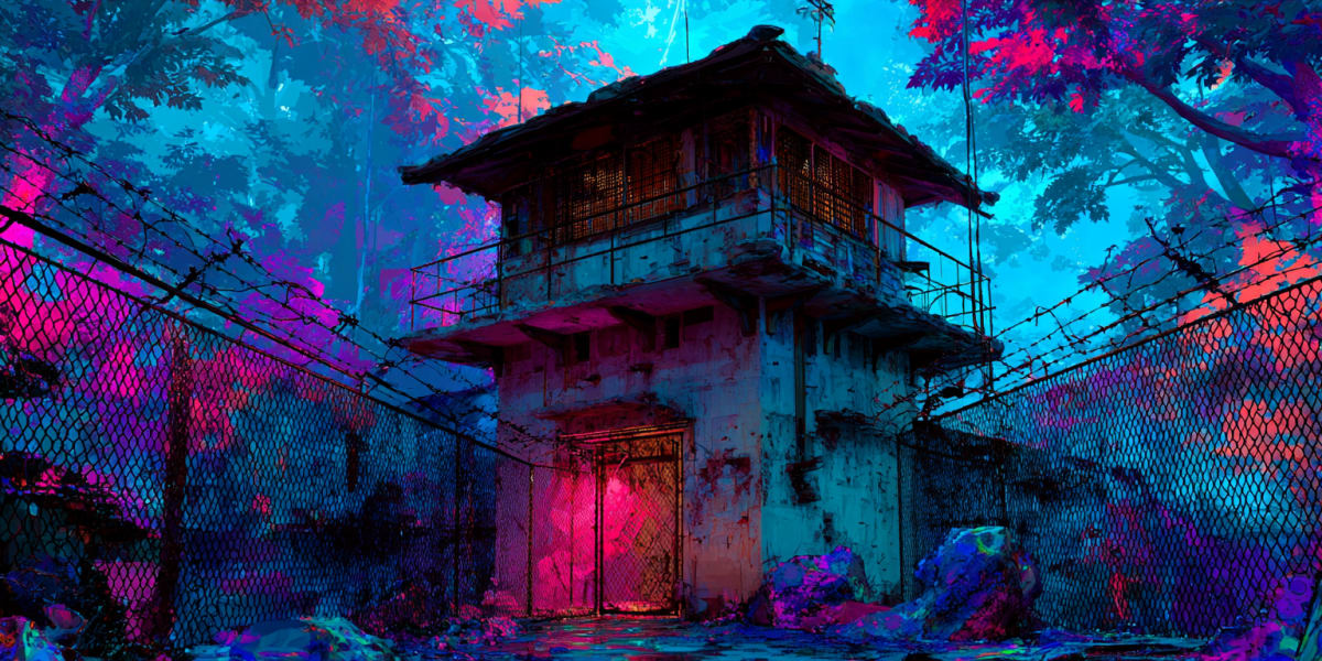 Un mirador derrière des barbelés et un grillage sous un ciel bleu néon et magenta, hyper-surréalisme mystique — les croyances limitantes dans le Langage Universel de l'Esprit