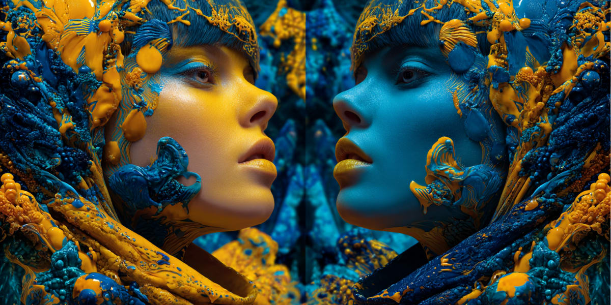 Two mirrored faces, one gold and one blue, gazing at each other as if each sees only herself in the other
