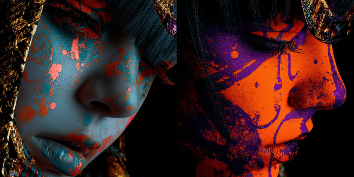 Díptico de dos rostros femeninos pintados en colores opuestos, el aspecto receptivo en el Universal Language of Mind