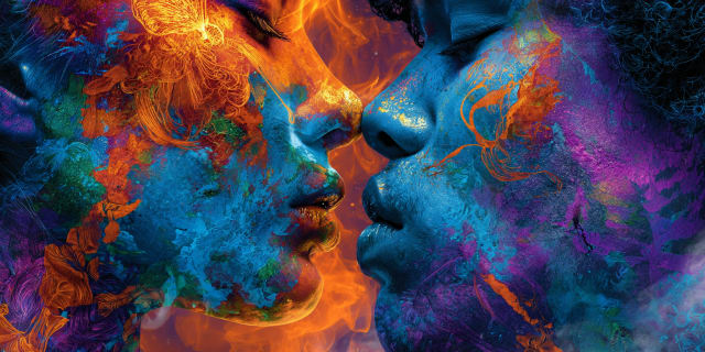 Two faces meeting in fire and water, illustrating two qualities of the self pairing in a dream about an ex with someone else