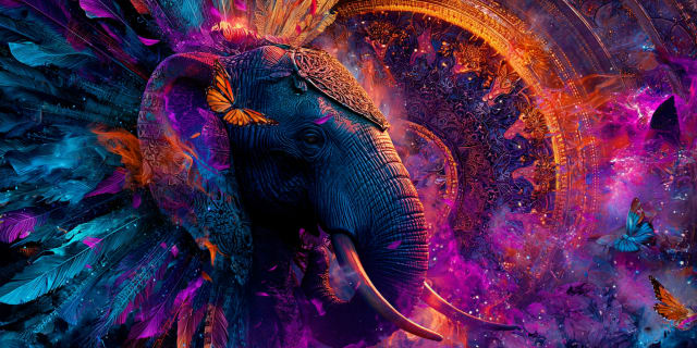 Elephant head and trunk in profile with indigo and blue patterned skin under a radiating violet, magenta and orange mandala with small butterflies - elephant in dreams meaning