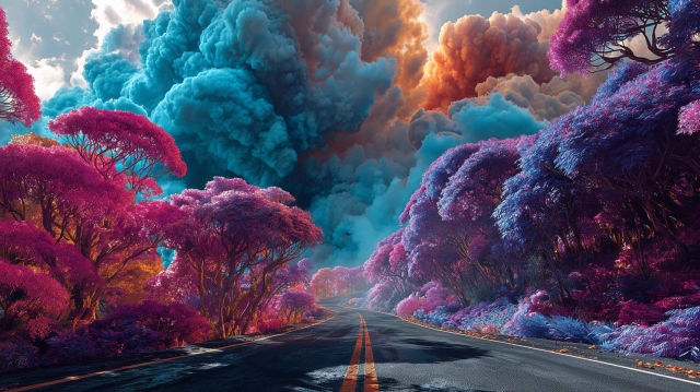 A wide empty asphalt road with a double yellow centre line running straight to the horizon, lined by dense trees in vivid magenta, violet and pink under enormous billowing teal, orange and blue clouds - road in dreams meaning