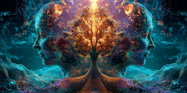 Un arbre lumineux qui pousse entre deux profils humains en miroir, une pensée qui prend racine et se ramifie jusqu'à prendre forme
