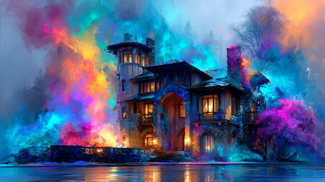 Victorian stone house with cosmic colored mist�symbol of state of mind