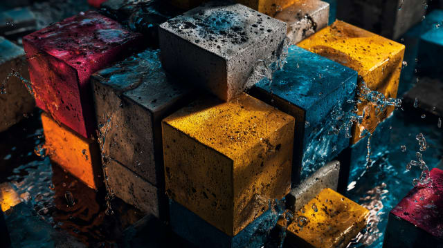 A heap of stacked stone and concrete building blocks in weathered grey, bright yellow, orange, teal and magenta, piled at angles against a dark background - building in dreams meaning