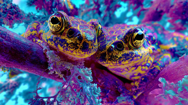 Two bright yellow-and-purple mottled frogs with large gold eyes pressed side by side on a mossy purple branch in a teal forest - frog in dreams meaning