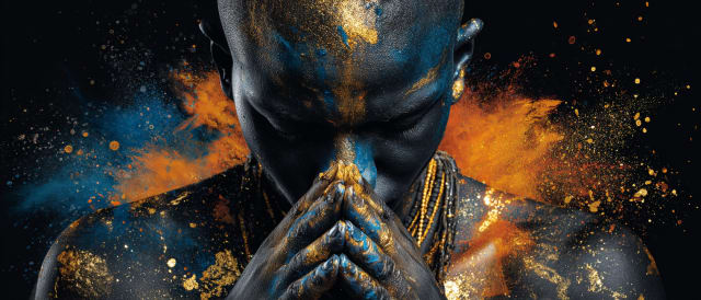 A figure in gold and blue pigment with hands pressed together and head bowed in meditation, representing the receptive subconscious mind in the Universal Language of Mind