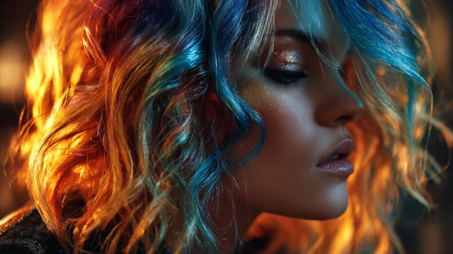 Flowing hair dissolving into strands of light in a mystical hyper-surrealist dreamscape