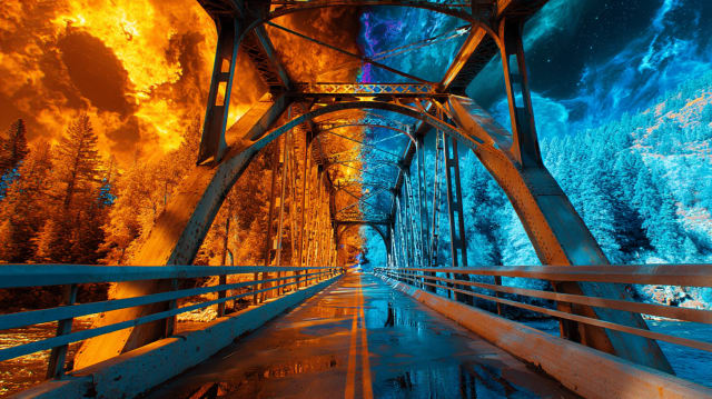 A road running straight across a bridge, fire on one side and ice on the other, pointing the way ahead