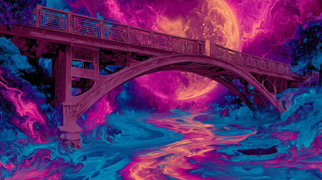 An ornate bridge arching over a swirling river of colour beneath a huge glowing moon, joining one bank to the other