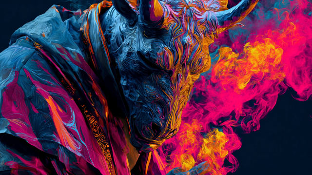 Figura encapuchada con cuernos entre llamas magenta y humo, símbolo del mal uso del ego en el Universal Language of Mind