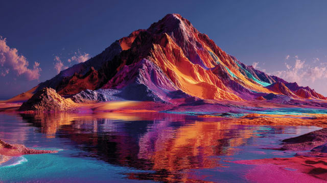 A lone mountain peak glowing in violet and gold above still reflecting water, the summit that only a held aim can reach