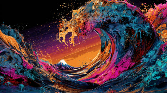 A great curling wave of water rising over a distant mountain at sunset, in the mystical surrealist style of the CHITTA dream symbol library