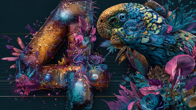 Un número cuatro hecho de texturas de panal y flores en ámbar y violeta, junto a un ave de escamas azules y doradas
