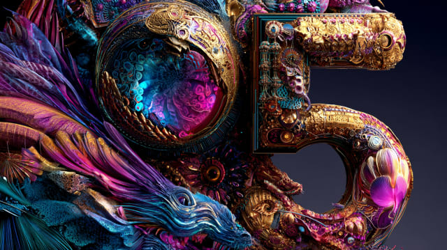 Un número cinco dorado y ornamentado, cubierto de detalles como joyas, junto a una esfera azul y magenta y plumas púrpura