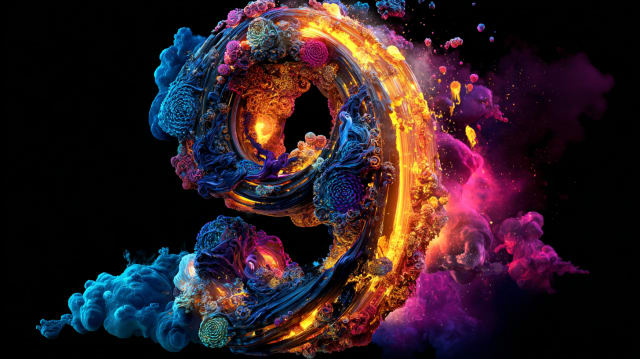 Un número nueve de formas oscuras y arremolinadas, iluminado por dentro con fuego dorado, con humo azul y magenta sobre negro
