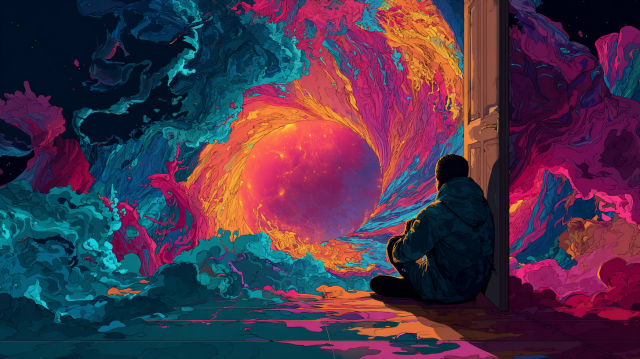 A lone hooded figure slumped on the floor against an open doorway, facing a vast swirling vortex of orange, magenta and teal - paralyzed in dreams meaning