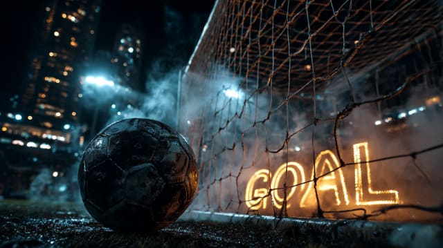 Un ballon de football usé près des filets dans un stade illuminé la nuit - le football en rêve