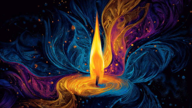 A single steady candle flame burning at the centre of swirling currents of colour, in the mystical hyper-surrealist style used across CHITTA articles on concentration and the Universal Language of Mind.