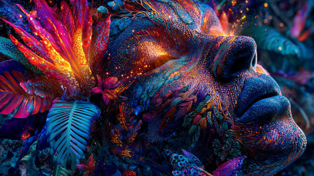 Serene face in profile with eyes closed, skin patterned in glowing blue and gold, framed by tropical leaves and orange-red plumes - sleep in dreams meaning