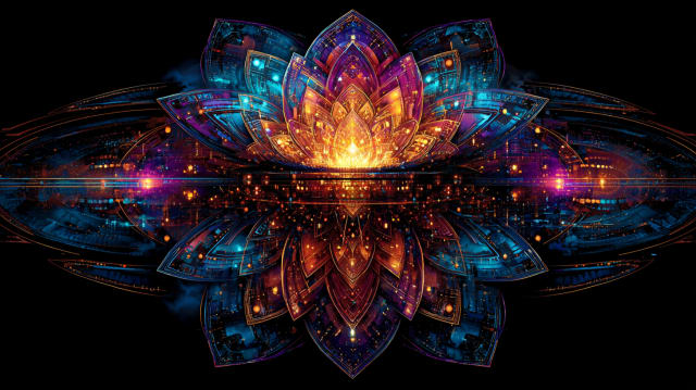 Une fleur lumineuse semblable à un lotus, aux pétales géométriques brillants violets, turquoise et dorés, reflétée au-dessus et au-dessous d'une fine ligne de lumière sur fond noir - signification de la fleur dans les rêves