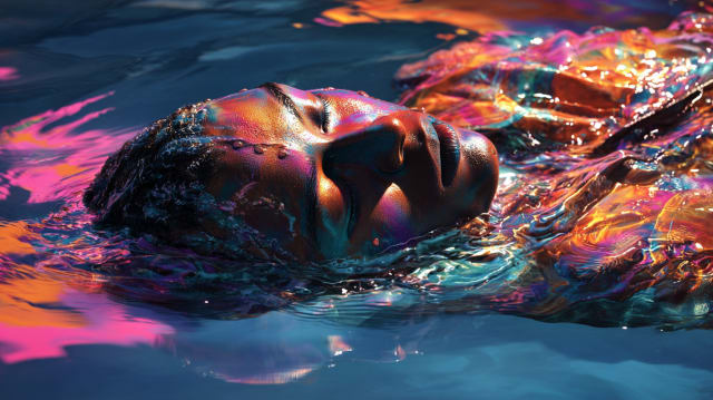 A face floating calmly at the surface of luminous open water, eyes closed, in the mystical surrealist style of the CHITTA dream symbol library
