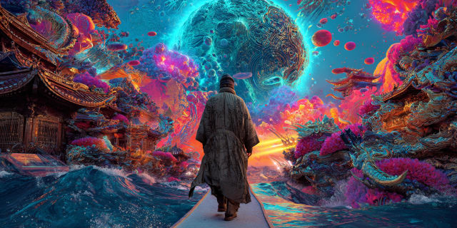 A robed figure walking a narrow path toward a vast luminous orb through a vivid surreal landscape, representing a thought image travelling the inner levels toward manifestation in the Universal Language of Mind