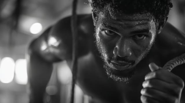 Portrait en noir et blanc d'un homme en plein effort à la corde, l'exercice dans les rêves selon le Universal Language of Mind