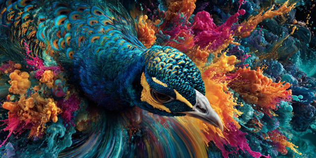 Peacock with iridescent eye-spotted plumage amid an ink bloom of magenta and orange, the Universal Language of Mind symbol for habitual thoughts of the subconscious mind
