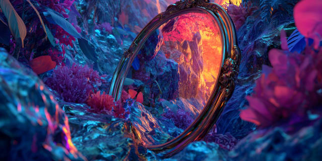 An ornate oval mirror resting in a luminous surreal garden and reflecting a landscape unlike the one around it, in the mystical hyper-surrealist style used across CHITTA articles on the Universal Language of Mind.