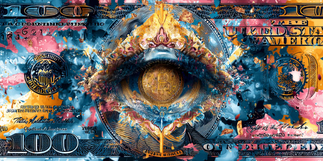 Surreal hundred-dollar bill with a luminous golden eye at its centre in blue and pink cosmic tones, representing self-value offered by an aspect of the dreamer