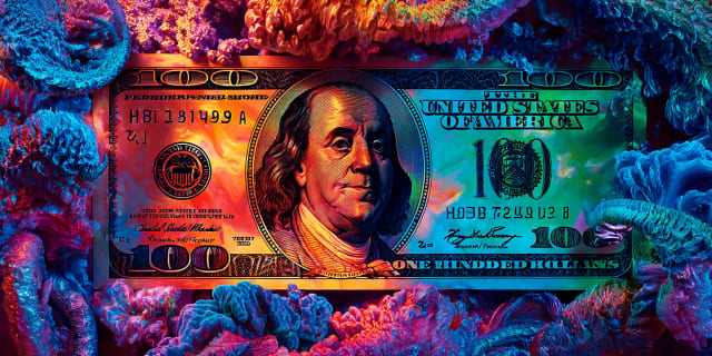 Vivid surreal hundred-dollar bill resting among luminous coral-like growth in cosmic reds and blues, representing self-value surfacing from subconscious mind substance