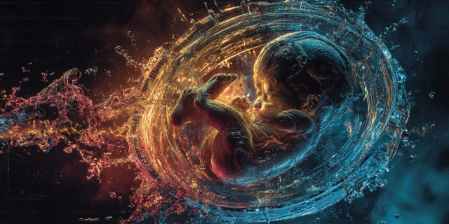A luminous fetus curled inside a glowing amniotic sphere, surreal cosmic waters around it