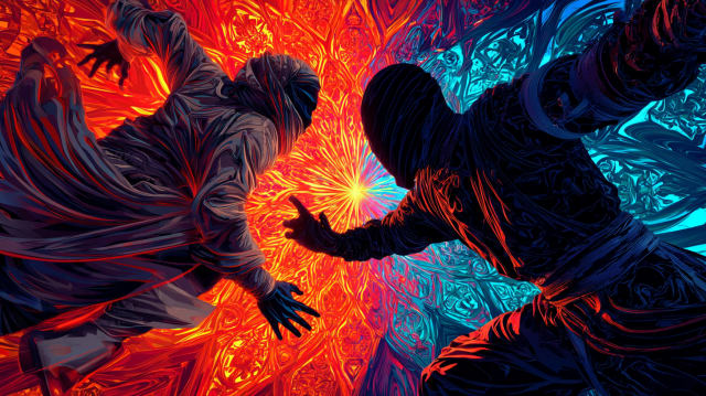 Two hooded faceless figures reaching toward each other across a burst of light, one robed in pale grey and one in dark blue, representing an unrecognised aspect of the self