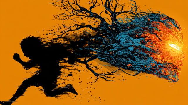 Shadowy silhouette running through a surreal dreamscape while being chased, illustrating the Universal Language of Mind interpretation of being chased and hiding