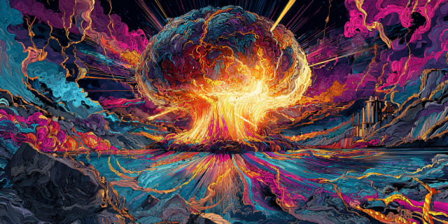 A vast blast cloud rising in gold and magenta over a darkened landscape - war in dreams meaning